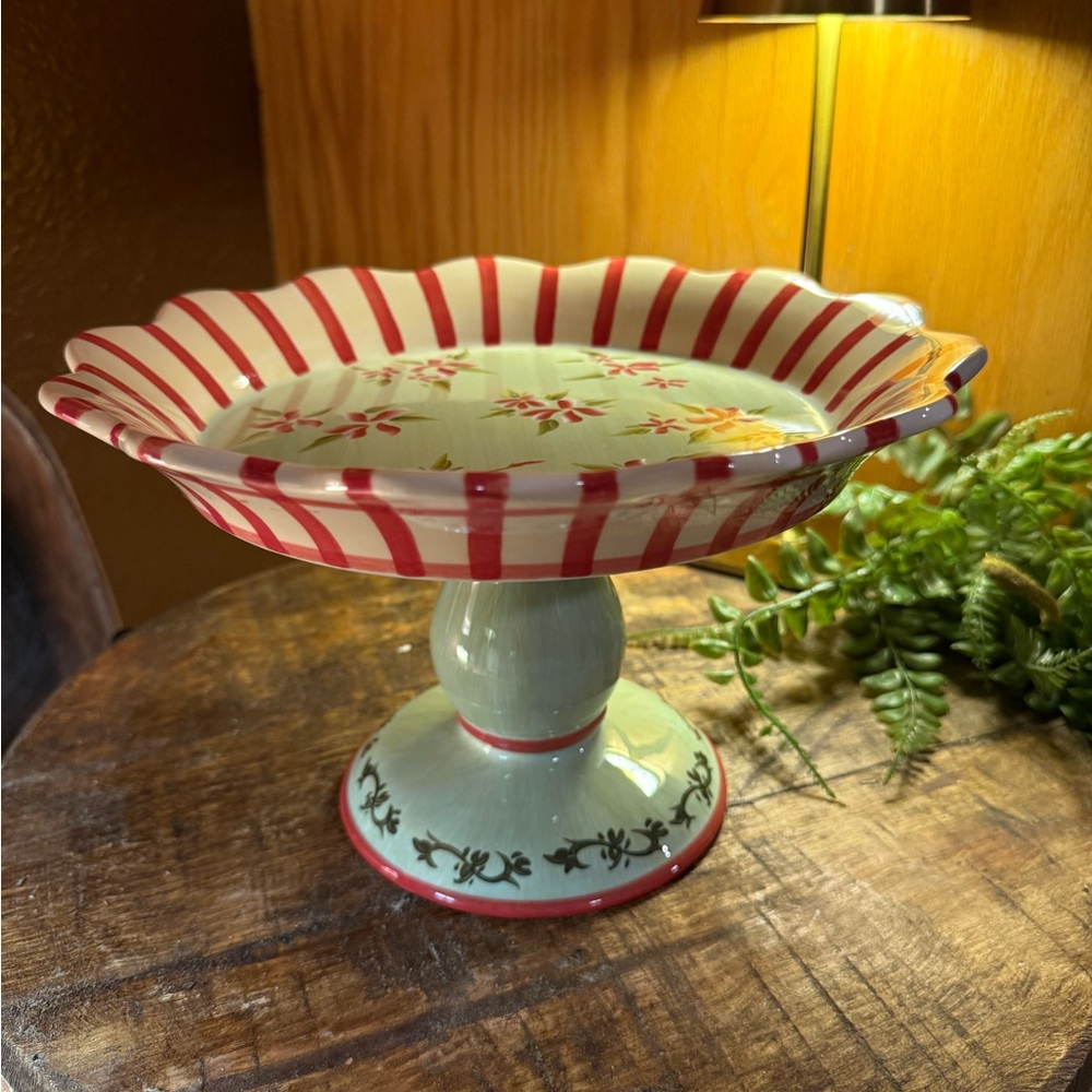 Silvestri Ceramic Cake Stand Round 10" Floral Striped Red White Glossy